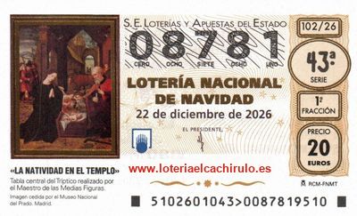 Anverso del décimo 08781 de la Lotería de Navidad 2026, de Vigo (Pontevedra)